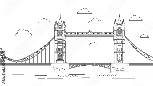 Minimalist line art illustration of the iconic Tower Bridge in London over the river with simple clouds in a clean white sky.