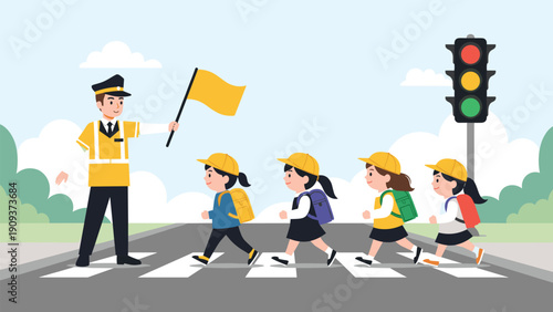 Dedicated crossing guard holding a yellow flag helps a group of young school children safely cross the street at a pedestrian crossing.
