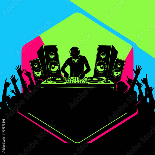 A silhouetted DJ performs for a crowd, surrounded by speakers, against vibrant colored shapes