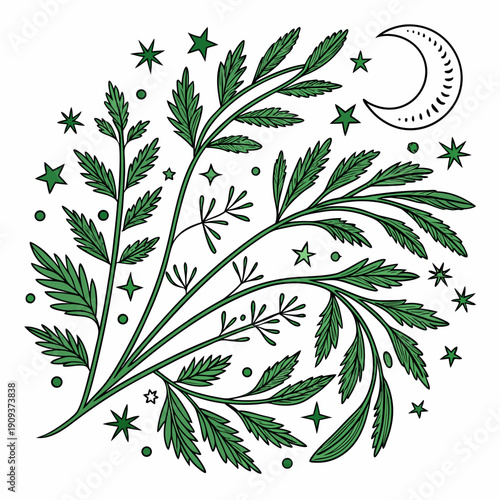 Green herbs and stars with crescent moon celestial pattern
