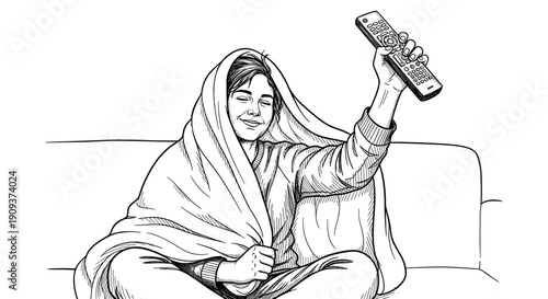 Woman wrapped in blanket watching TV with remote on sofa