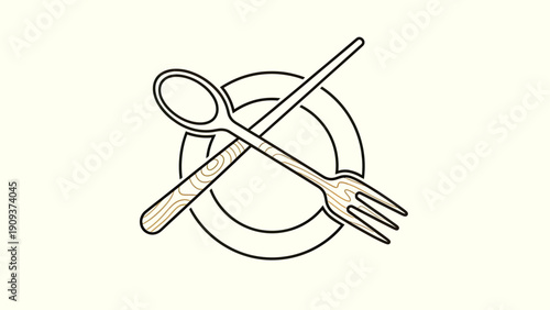 Simplified food icon featuring a spoon, fork, and plate, with a wood grain texture