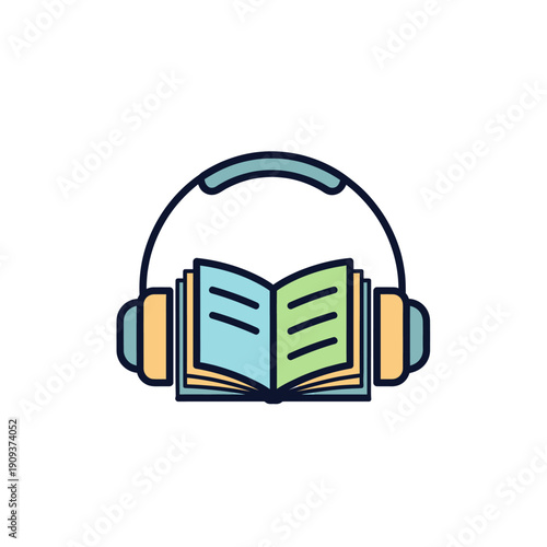 A cartoon graphic of a book opened with blue and green pages, with headphones around