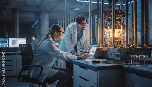team of scientists working on quantum computer in high-tech laboratory