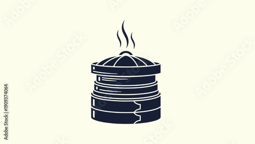 A stacked, covered cooking vessel emits steam. Simple, minimalist design on cream background