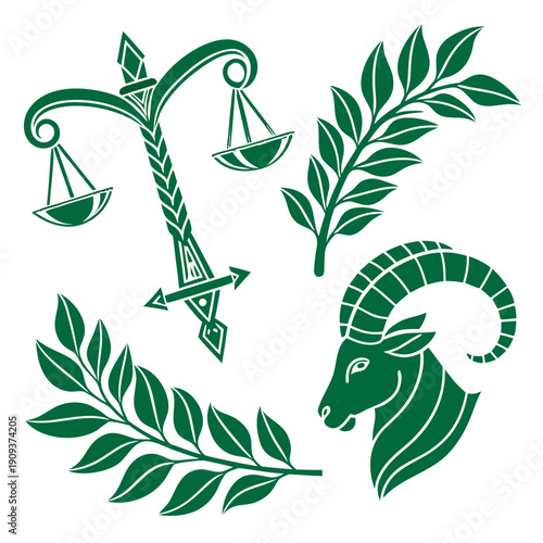 Green leaves shaped astrological symbols scales sword