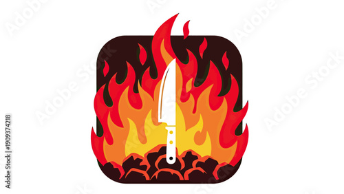 White knife centered in a flame icon, with charcoal at the bottom, all set within a rounded rectangle
