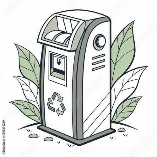 Futuristic recycling machine with green leaves metal
