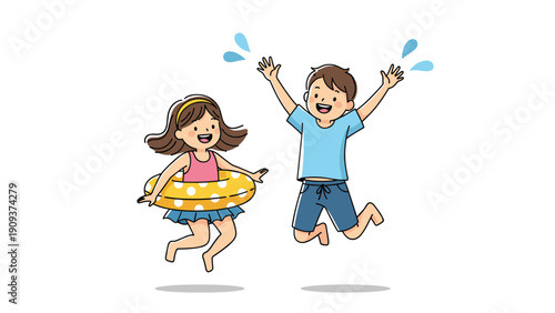 Happy boy and girl in summer clothes jumping with joy while the girl wears a yellow and white polka dot inflatable swimming ring.