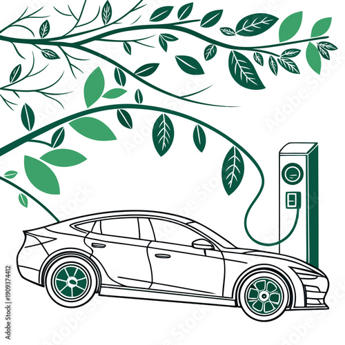 Electric car made of living green vines on white background