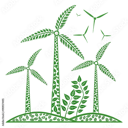 Green leafy wind turbines on white background green leaves