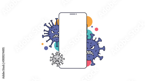 Modern smartphone displayed behind various colorful and angry looking virus or bacteria characters representing mobile security threats.