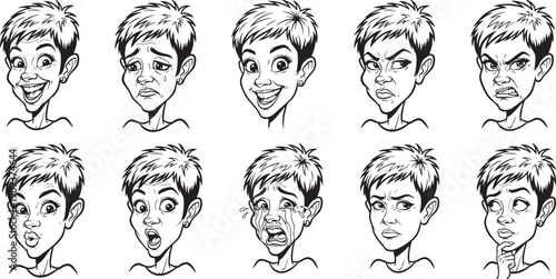 Dynamic character sheet of a woman with a pixie cut, featuring ten intense facial emotions in detailed black line art.