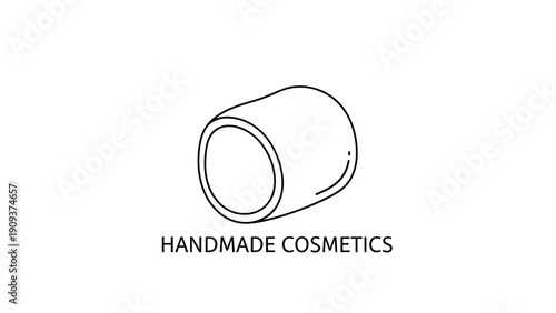 Line art logo featuring a cylindrical shape on white background. Text "HANDMADE COSMETICS