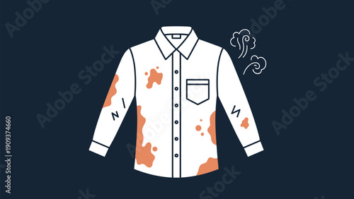 White button down long sleeved shirt covered in many large brown dirt stains with odor lines representing dirty laundry and smell.