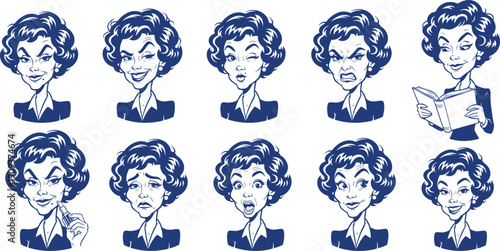 Vintage style illustration of a professional woman with curly hair, ten facial expressions in a blue line art vector format.