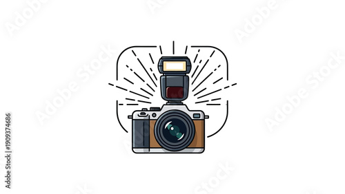 A digital camera with attached flash, radiating lines within a rectangular frame