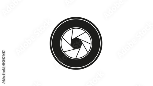 A black and white graphic of a camera aperture, comprising a circle and blades