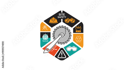 A site safety hexagon graphic with icons of safety equipment and hazards