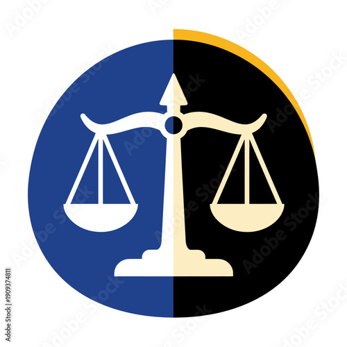 A scale icon set in a divided circle, blue/black background, with yellow outline