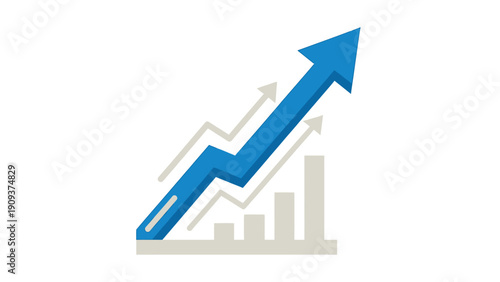 A graphic featuring a blue upward arrow over a bar graph with additional gray arrows