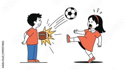 Surprised boy holding a football while a girl kicks a soccer ball towards him in an accidental sports collision illustration.