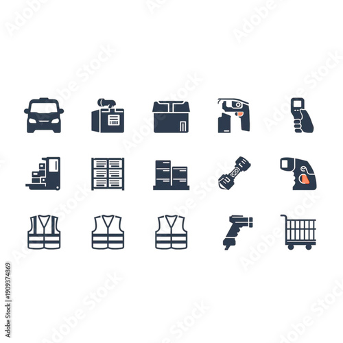 Industrial Tools and Warehouse Equipment Flat Vector Icon Set