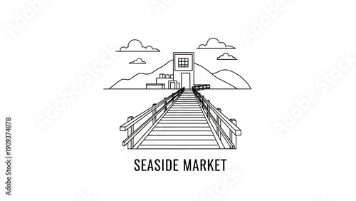 A minimalist line drawing depicts a wooden pier leading to buildings against a mountainous backdrop