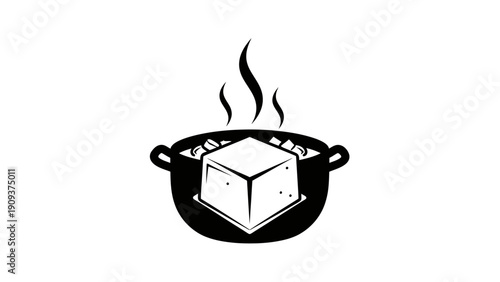 A monochrome illustration of a cooking pot with cubed item, steam rising from it