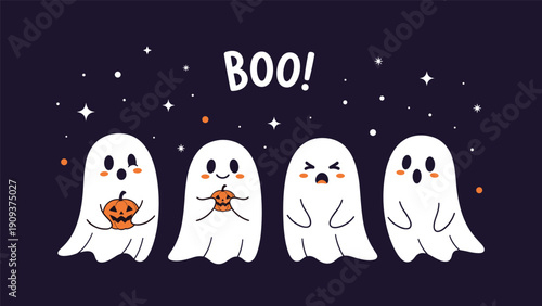 Four cute little ghosts with different funny expressions holding pumpkins on a dark starry night background with the word boo.