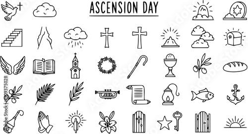 Christian and Biblical Symbols Line Art Icons Set for Ascension Day. Hand-drawn Doodle Collection of Religious and Spiritual Elements.
