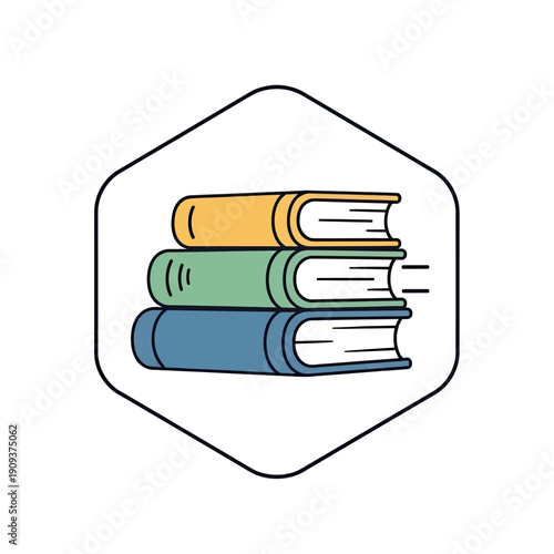Three stacked books in an angled hexagon, colored yellow, green, and blue. Outline