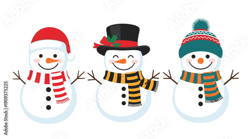 Three cute snowmen wearing different colorful hats and scarves standing in a row on a plain white background.