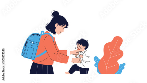 Gentle mother leaning down to comfort her crying young toddler child while wearing a blue school backpack in a supportive scene.