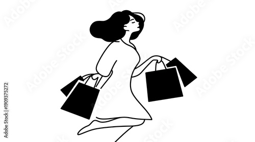 A woman is holding two shopping bags and is jumping