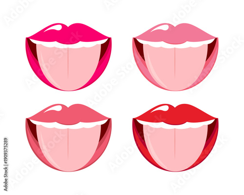 Close Up Human Mouth with Tongue icon. Pink and red lips. Part Of Body. Vector illustration.
