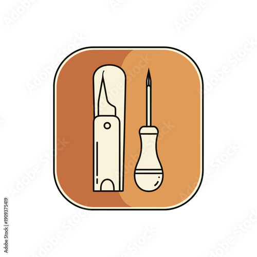 Minimalist illustration of a utility knife and awl on orange backdrop within a rounded square