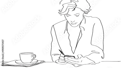 A woman is sitting at a table with a cup of coffee and a pen