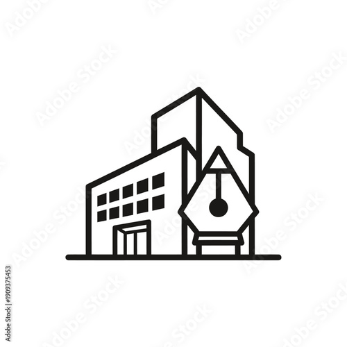 A black and white building icon featuring a pen nib and windows in a minimalist design