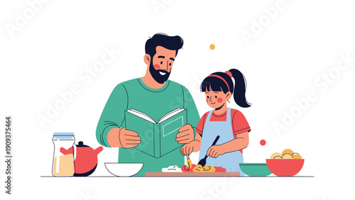 Young father and his daughter wearing an apron are happily cooking a meal together in a kitchen while reading a recipe book.