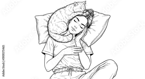 Woman sleeping with cat on pillow in line art illustration on white background