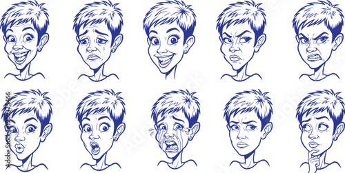 Expressive facial study of a young woman with short hair, featuring ten different emotional states in blue ink style.