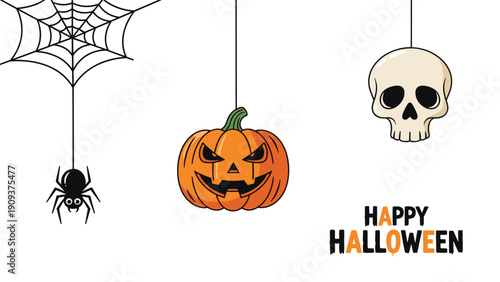 Spooky Halloween decorations featuring a hanging spider, carved pumpkin, and a skull with the words happy halloween on white.