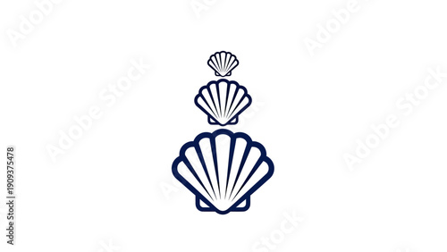 Three navy seashells of increasing size stacked on a white background