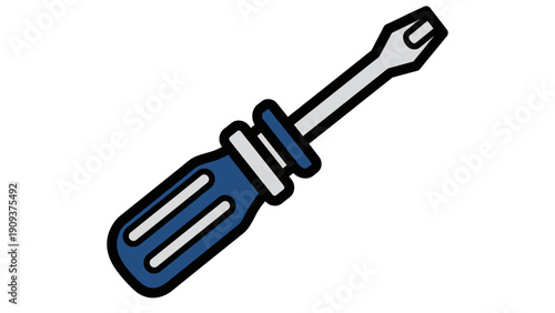 A vector illustration depicts a flathead screwdriver with a blue handle and silver shaft