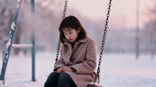 Sad Little Girl Sitting Alone on Swing in Winter Park