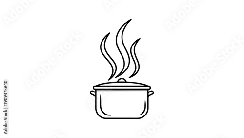 A minimalist line drawing depicts a cooking pot with steam rising from it