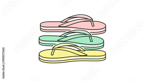 Three stylized flip-flops in pink, green, and yellow, stacked vertically, white background