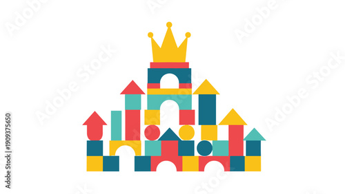 Colorful toy castle built from various wooden building blocks in different geometric shapes with a golden crown on the top.