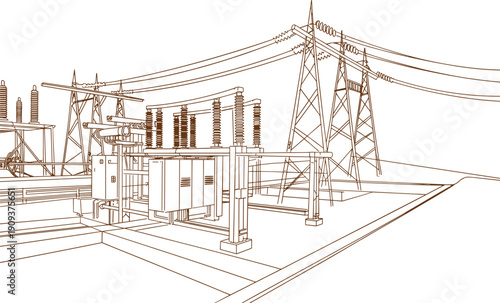 Electrical high voltage substation illustration, transformer transmission equipment diagram, power grid infrastructure, engineering technical energy distribution drawing
